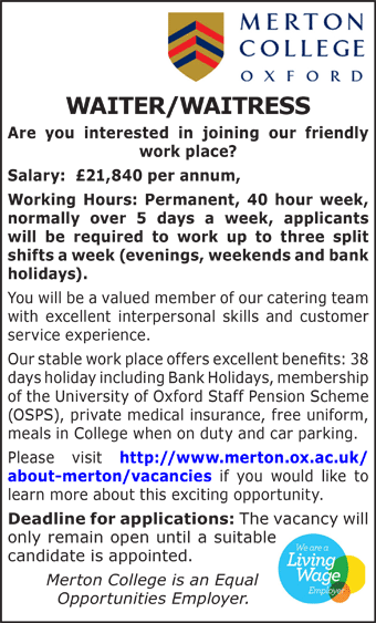 Merton College seeks Waiter/Waitress