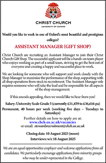 Christ Church, Oxford seek Assistant Manager (Gift Shop)