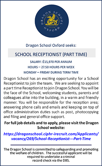 Dragon School seeks a School Receptionist (Part-Time) 