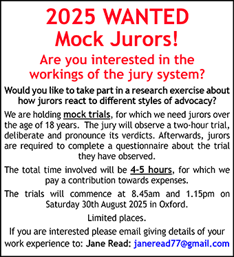 Mock Jurors Wanted! Are you interested in the jury system? Take part as a â€˜jurorâ€™ in a mock trial  as part of research into different styles of advocacy