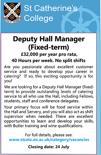 St Catherineâ€™s College seeks Deputy Hall Manager (Fixed-term)