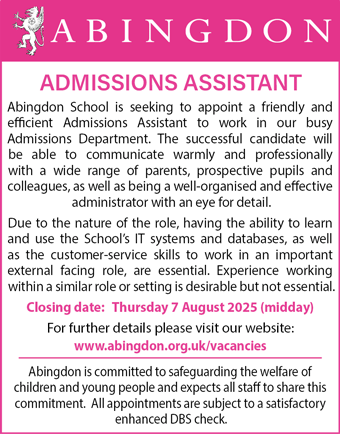 Abingdon School seek a friendly and efficient Admissions Assistant
