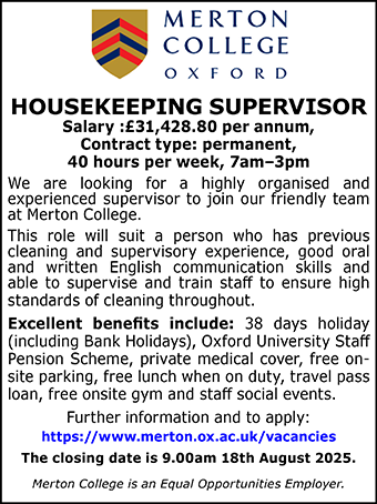 Merton College seek Housekeeping Supervisor