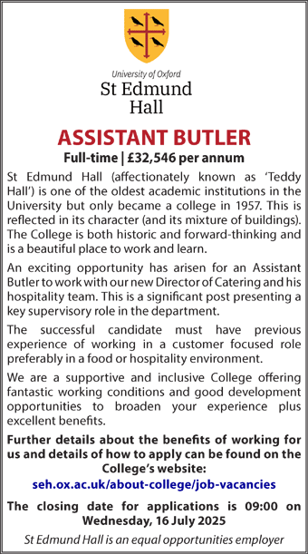 St Edmund Hall seeks Assistant Butler