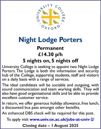 University College Oxford seeks Lodge Porter (Weekends)