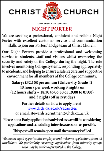 Christ Church, Oxford seek Night Porter