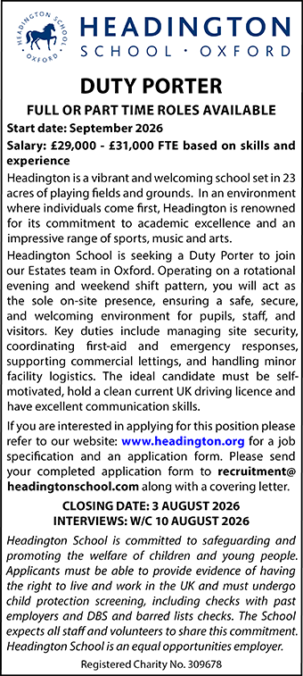 Headington School seek Duty Porter Full or Part Time