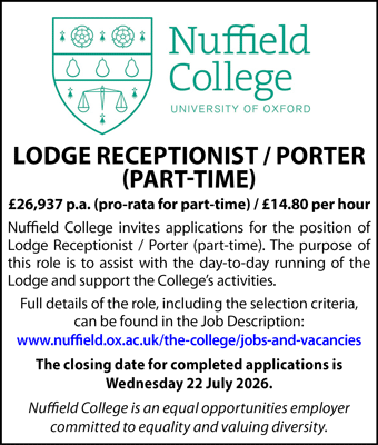 Nuffield College seek a Lodge Receptionist / Porter (part-time)