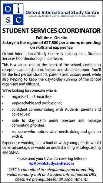 Oxford International Study Centre seeks Student Services Coordinator