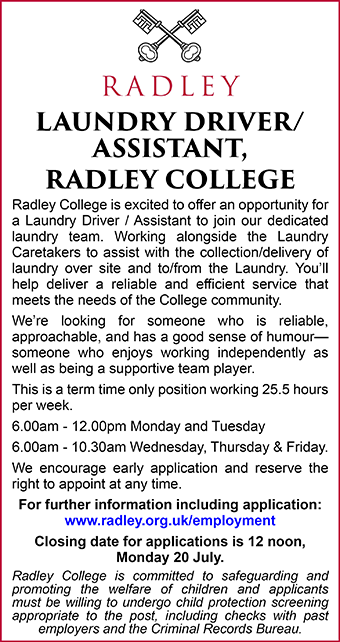 Radley College seeks LAUNDRY DRIVER/ASSISTANT