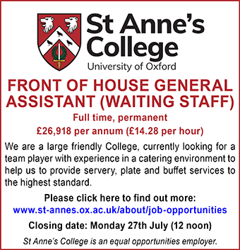 St Anne&acirc;s College Oxford seeks a Front of House General Assistant (Waiting Staff)