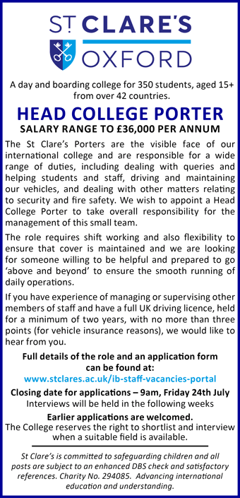 St Clare's seeks a Head College Porter, to be the visible face of the college, and go above and beyond
