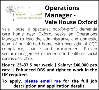 Vale House seeks Operations Manager Vale House seeks Operations Manager