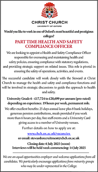 Christ Church, Oxford seek Part time Health and Safety Compliance Officer