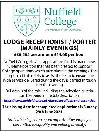 Nuffield College seek Lodge Receptionist / Porter (Mainly evenings) 
