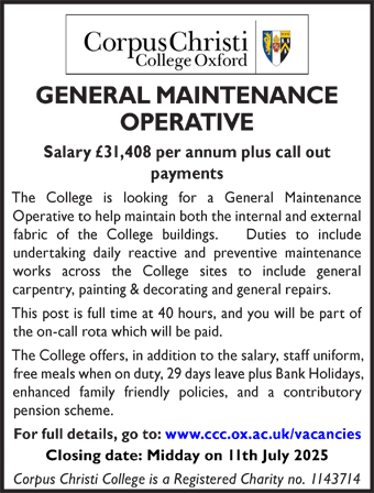 Corpus Christi College seeks General Maintenance Operative