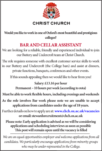 Christ Church, Oxford seek Bar and Cellar Assistant