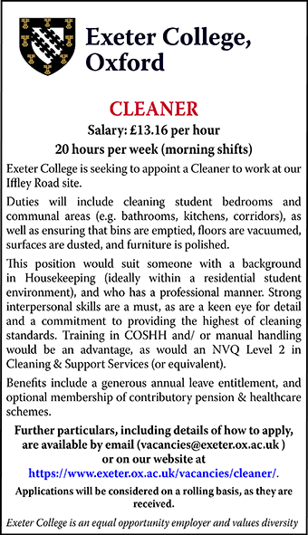 Exeter College seeks a CLEANER