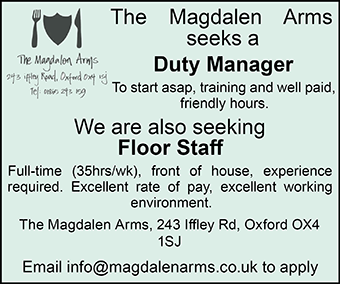 Magdalen Arms seeks Duty Manager and Floor Staff