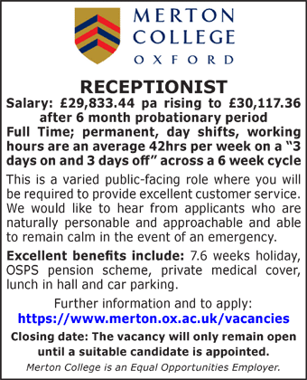 Merton College seek Receptionist