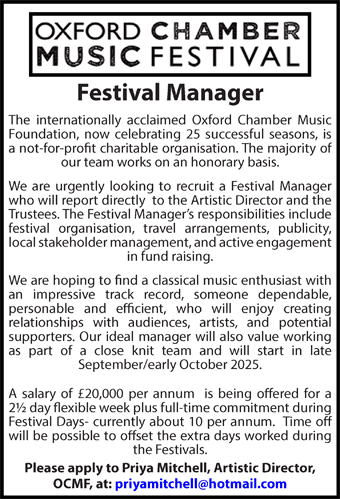 Oxford Chamber Music Festival seeks Festival Manager