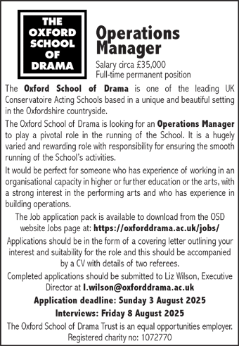 The Oxford School of Speech and Drama seek an Operations Manager