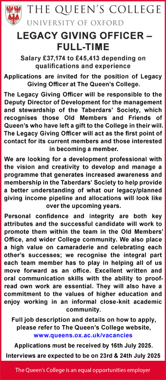 The Queen's College seek Legacy Giving Officer â€“ Full-Time