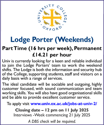University College Oxford seeks Lodge Porter (Weekends)