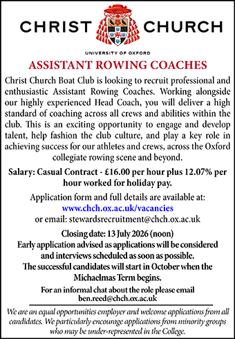 Christ Church, Oxford seek Assistant Rowing Coaches
