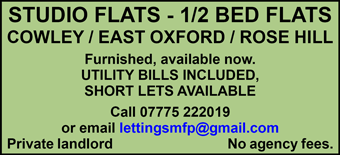 Studio flats - 1/2 bed flats available from private landlord in Cowley, East Oxford and Rose Hill Studio flats - 1/2 bed flats available from private landlord in Cowley, East Oxford and Rose Hill