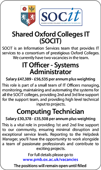 Pembroke College and Shared Oxford Colleges IT (SOCIT) seek IT Officer and Computing Technician
