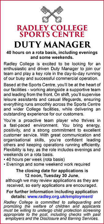 Radley College seeks Sports Centre Duty Manager Radley College seeks Sports Centre Duty Manager
