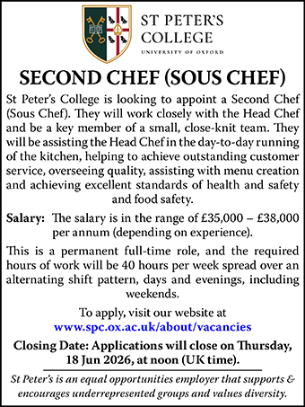 St Peter's College seek SECOND CHEF (SOUS CHEF)