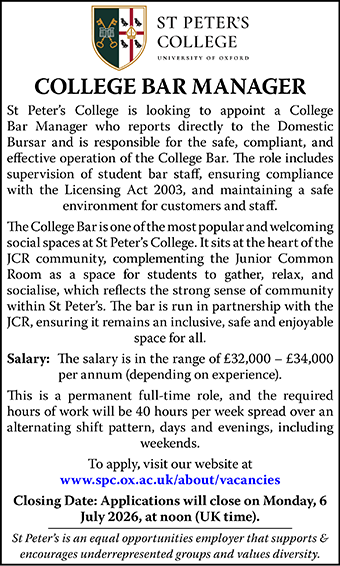St Peter's College seek COLLEGE BAR MANAGER St Peter's College seek COLLEGE BAR MANAGER