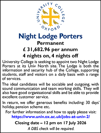 University College Oxford seeks Night Lodge Porter