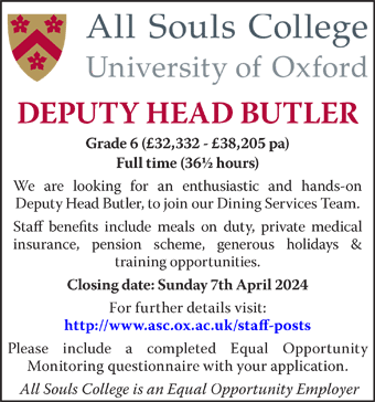 All Souls College seek a Deputy Head Butler