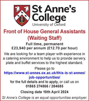 St Anneâ€™s College Oxford seeks Front of House General Assistants (Waiting staff)