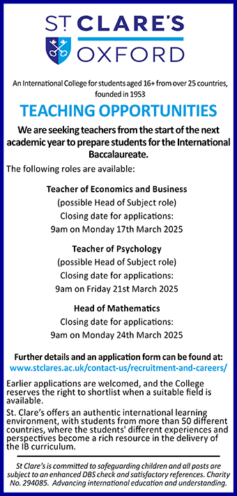 St Clare's has Multiple Teaching Vacancies