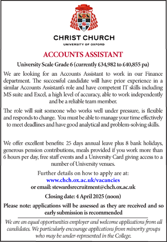 Christ Church, Oxford seek Accounts Assistant