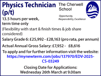 Cherwell School seeks Physics Technician (p/t)