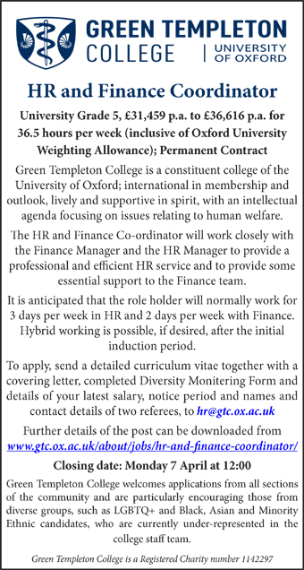 Green Templeton College seeks HR and Finance Coordinator