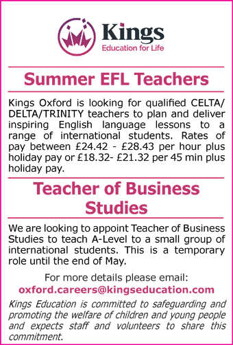 Kings Education seeks Summer EFL Teachers and Teacher of Business Studies