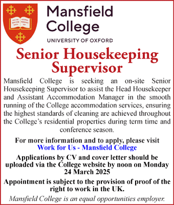 Mansfield College are seeking a Senior Housekeeping Assistants