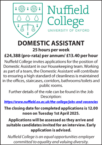 Nuffield College seek Domestic Assistant 