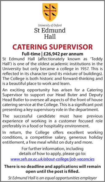 St Edmund Hall seeks Catering Supervisor