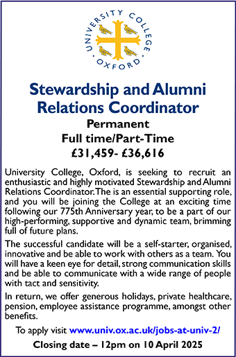 University College Oxford seeks Stewardship and Alumni Relations Coordinator
