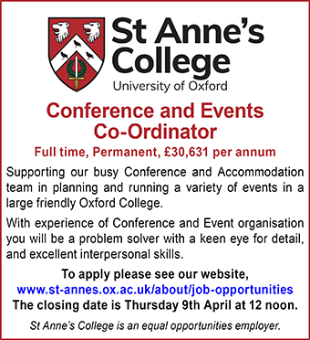 St Anne&acirc;s College Oxford seeks Conference and Events Co-Ordinator
