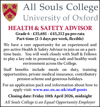 All Souls College seek a part-time Health and Safety Advisor, 2-3 days per week