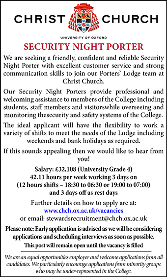 Christ Church, Oxford seek a Security Night Porter