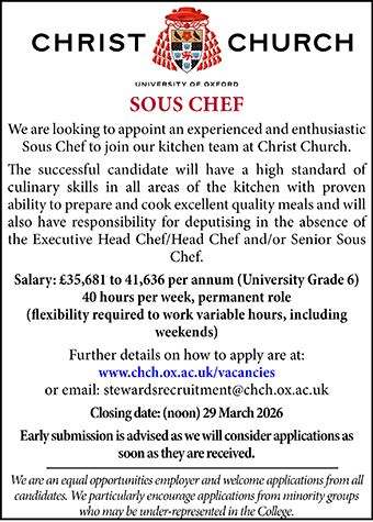 Christ Church, Oxford seek a Sous Chef